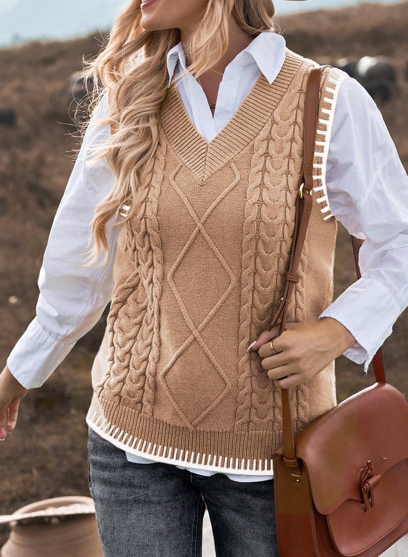 EVALESS Sweater Vest Women Oversized Fashion V Neck Sleeveless Cable Knit Sweaters Casual Color Block Sweater Tank Top Khaki X-Large - Image 2