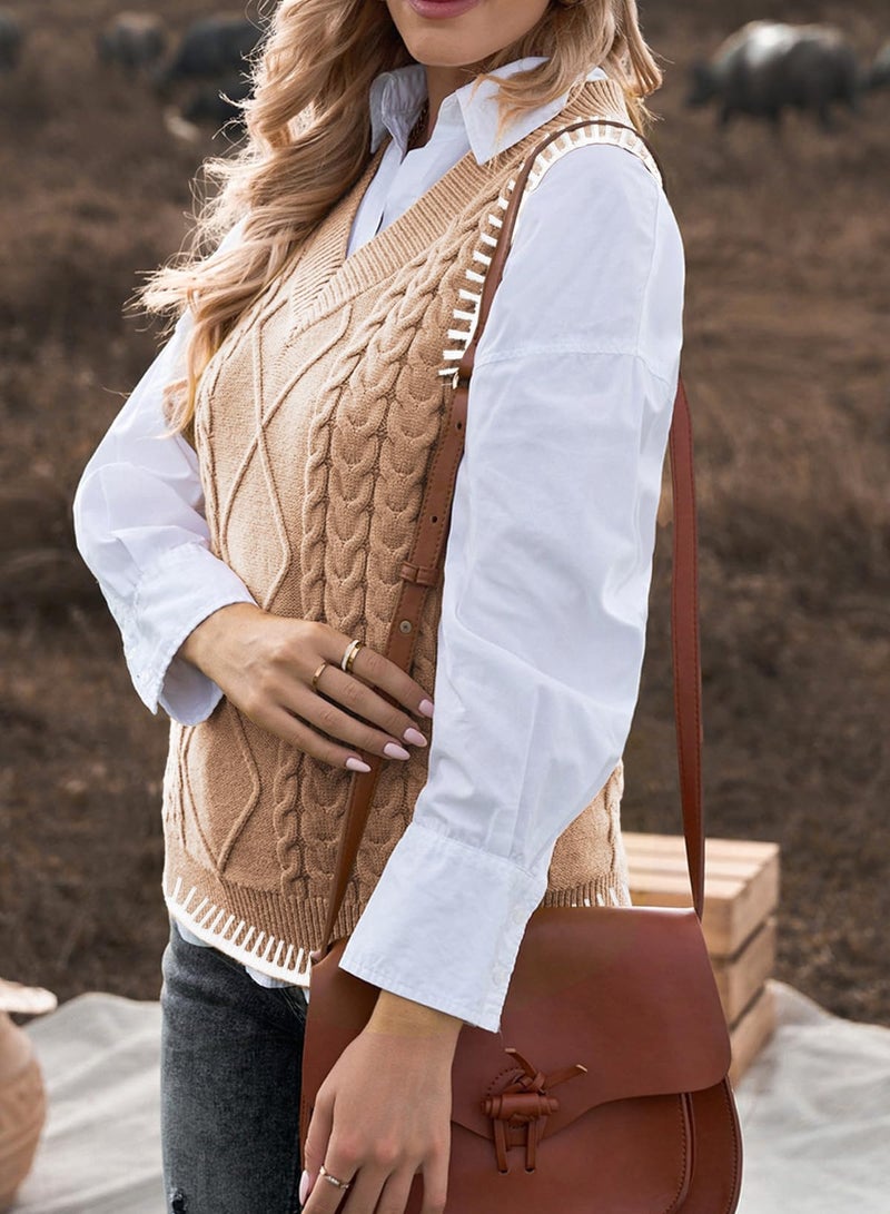 EVALESS Sweater Vest Women Oversized Fashion V Neck Sleeveless Cable Knit Sweaters Casual Color Block Sweater Tank Top Khaki X-Large - Image 4