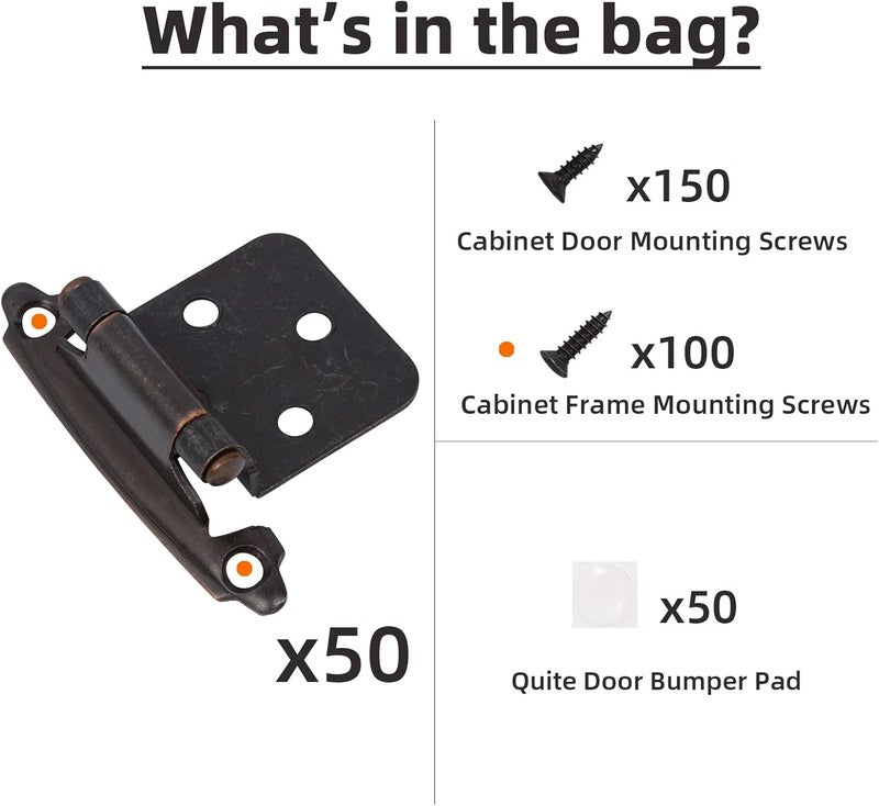 DecoBasics Oil Rubbed Bronze Cabinet Hinges for Kitchen Cabinets (25 Pair -50 Pcs) -1/2" Overlay (Variable) -Self Closing Kitchen Cabinet Hinges Flush Mount w/Silicon Bumpers & Upgraded Screws - Image 4