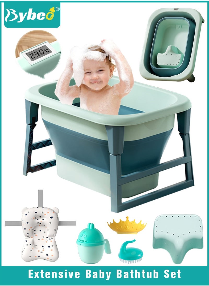 Bybeo - Foldable Baby Bath Tub, Bathtub for Infants, Baby Bather With Temperature Sensing + Heightened Bath Stool + Bathmat Cushion + Shower Cap + Shampoo Cup + Washing Hair brush - Image 1