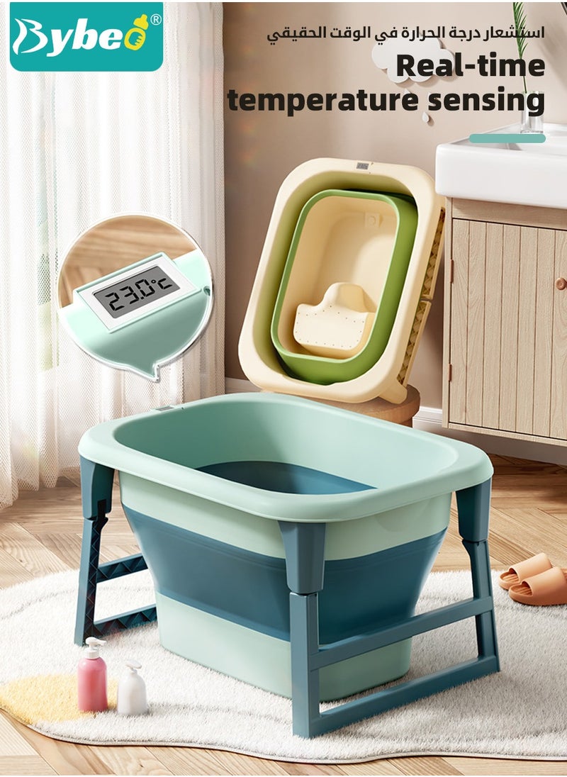 Bybeo - Foldable Baby Bath Tub, Bathtub for Infants, Baby Bather With Temperature Sensing + Heightened Bath Stool + Bathmat Cushion + Shower Cap + Shampoo Cup + Washing Hair brush - Image 1