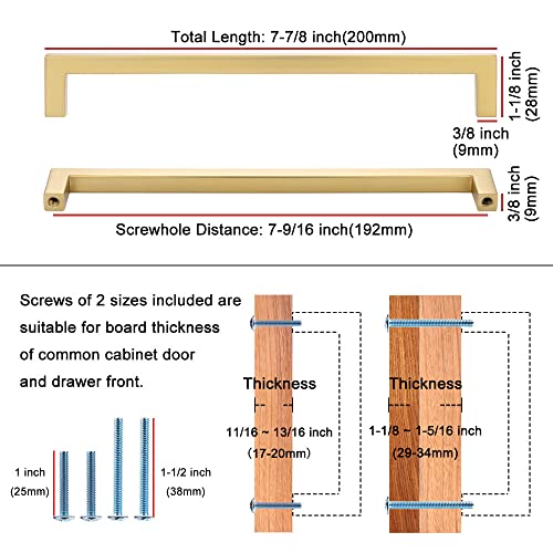 KOOFIZO Solid Square Bar Cabinet Handle Brushed Gold Furniture Pull 76 Inch192mm Screwhole Distance Pack of 5 for Kitchen Cupboard Door Bedroom Dresser Drawer Bathroom Wardrobe Hardware - Image 3