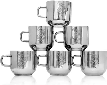 SAMEEP Stainless Steel Double Wall Fancy Tea CupsCoffee Mugs for Home Office Set of 6 80ml Capacity Lightweight Portable Reusable Easy to Clean Hot Cold Beverage Silver Classic - Image 1