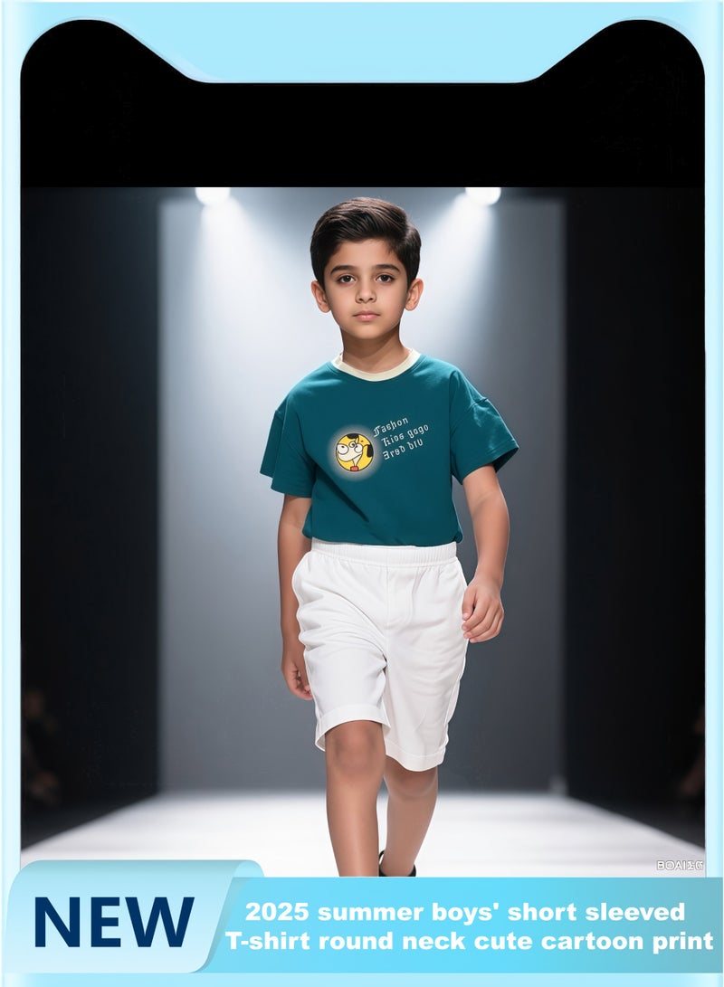 New 2025 summer Korean boys' short-sleeved T-shirts, round-neck with cute cartoon prints - Image 1