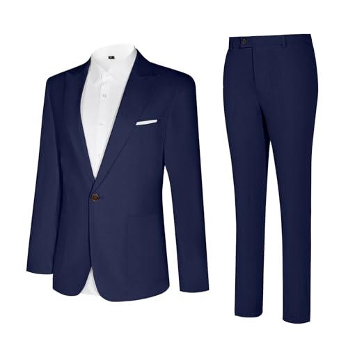Diaryan Suit Men Linen 2 Piece Navy Long Sleeve One Button Solid Single Breasted Peaked Lapel Wedding Prom Jacket Pant L - Image 3