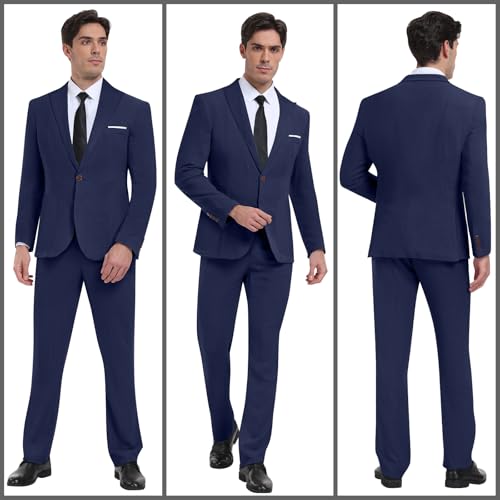 Diaryan Suit Men Linen 2 Piece Navy Long Sleeve One Button Solid Single Breasted Peaked Lapel Wedding Prom Jacket Pant L - Image 2