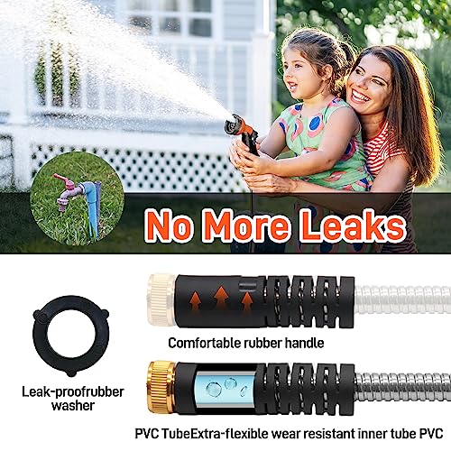 Besiter Garden Hose 50FT Stainless Steel Water Hose with 10 Functions Adjustable Spray Nozzle, Heavy-Duty Metal Garden Hose Flexible Durable No-Tangle & Kink Leak Dog Proof Hose for Yard Lawn(Orange) - Image 4