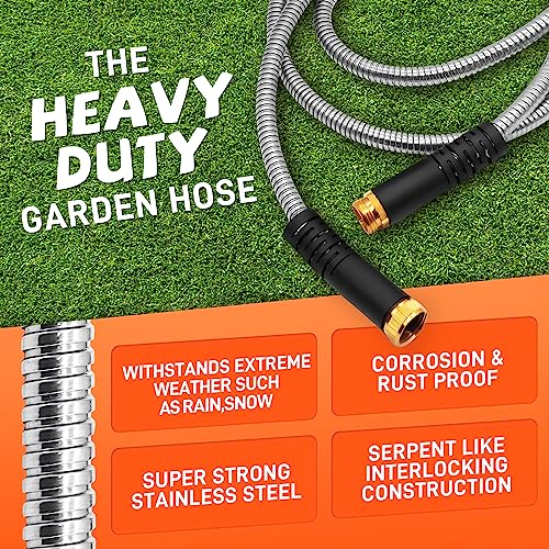 Besiter Garden Hose 50FT Stainless Steel Water Hose with 10 Functions Adjustable Spray Nozzle, Heavy-Duty Metal Garden Hose Flexible Durable No-Tangle & Kink Leak Dog Proof Hose for Yard Lawn(Orange) - Image 3