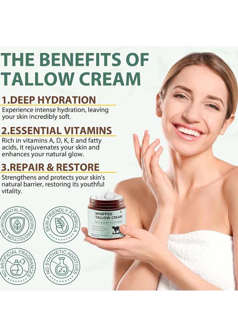 Whipped Tallow Cream for Face & Body - 100% Grass-Fed Beef Tallow, Natural Honey & Beeswax Moisturiser, Deep Hydration & Care, Oil and Fragrance Free, Quick Absorbing - Image 3