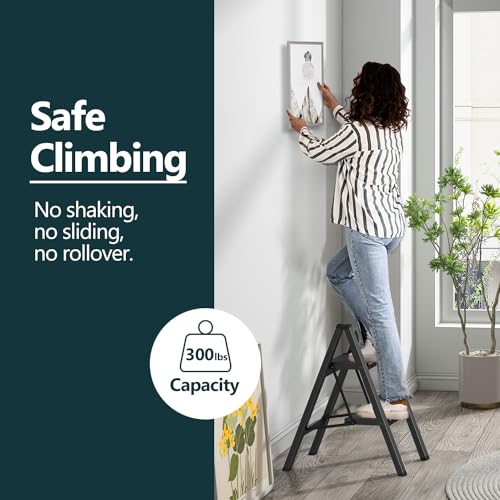 WOA WOA Step Ladder, Folding Step Stool with Widening Pedals, Portable Lightweight Home Ladder, Kitchen Stepladder, Easy to Store, Space Save 300 lbs Capacity (2 Step, Black) - Image 2