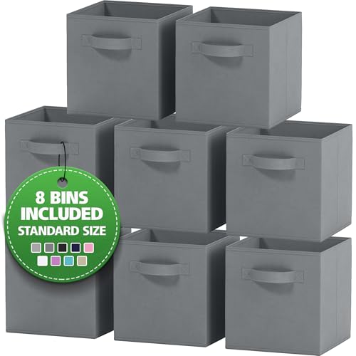Royexe Set of 8 Foldable Fabric Storage Cube Bins | Collapsible Cloth Organizer Baskets Containers | Folding Nursery Closet Drawer | Features Dual Handles | Beautiful Colors Available (Solid Grey) - Image 1