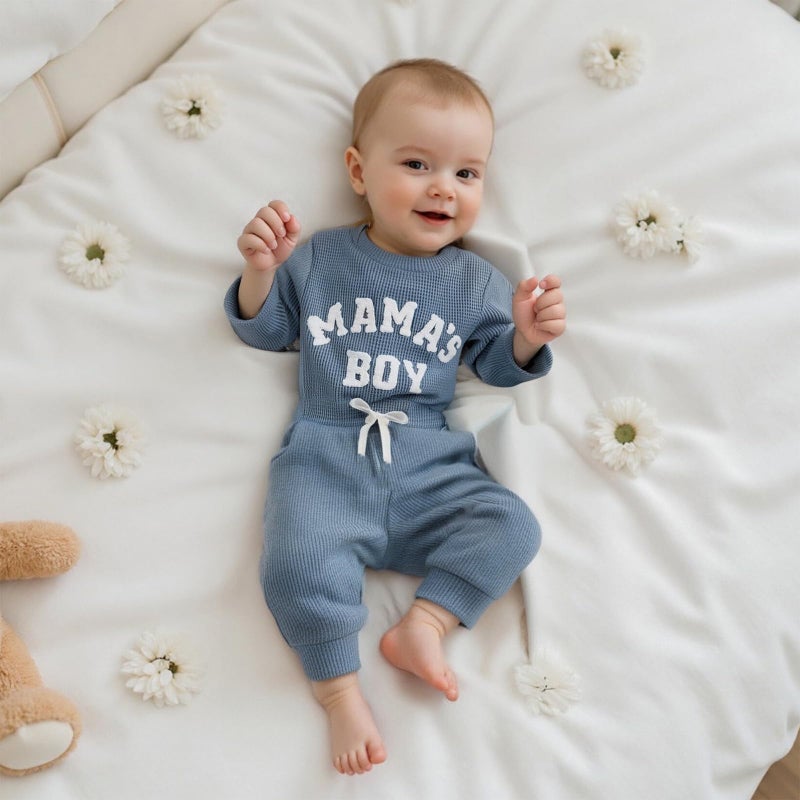 MERSARIPHY Newborn Baby Boy Fall Winter Clothes Mama's Boy Little Dude Outfit Embroidery Waffle Knit Romper Pants Sets (Blue-mama's boy, 0-3 Months) - Image 2
