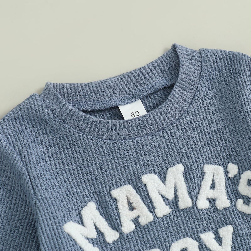 MERSARIPHY Newborn Baby Boy Fall Winter Clothes Mama's Boy Little Dude Outfit Embroidery Waffle Knit Romper Pants Sets (Blue-mama's boy, 0-3 Months) - Image 4