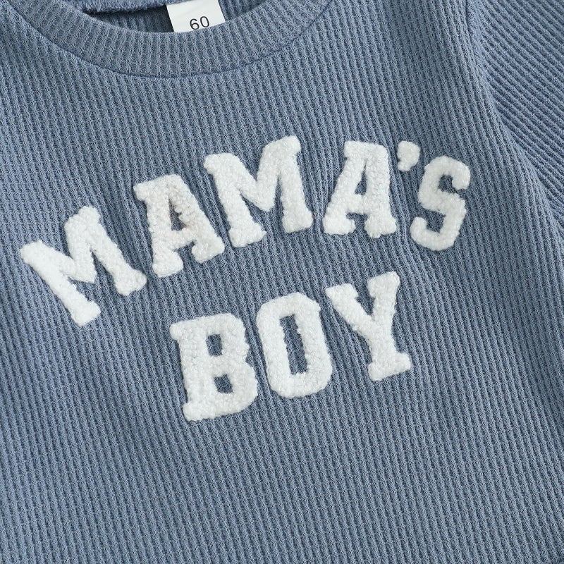 MERSARIPHY Newborn Baby Boy Fall Winter Clothes Mama's Boy Little Dude Outfit Embroidery Waffle Knit Romper Pants Sets (Blue-mama's boy, 0-3 Months) - Image 5