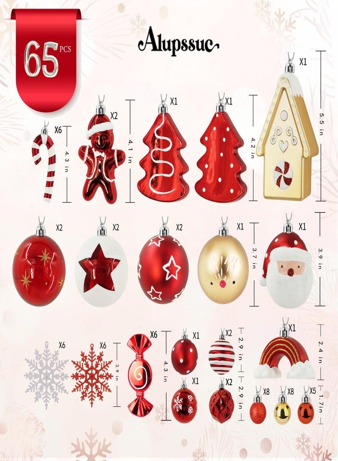 Alupssuc 65pcs Christmas Balls Ornaments Set, Shatterproof Plastic Baubles Gingerbread House, and Tree Topper for Xmas Tree Holiday Wedding Party Decorations with Hanging Strings, Gold & Red, White - Image 2
