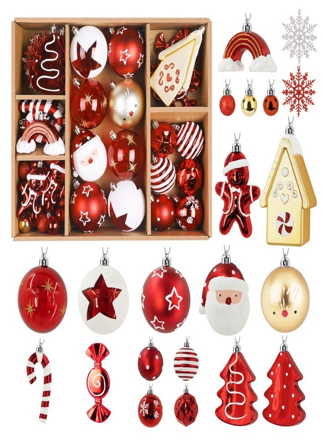Alupssuc 65pcs Christmas Balls Ornaments Set, Shatterproof Plastic Baubles Gingerbread House, and Tree Topper for Xmas Tree Holiday Wedding Party Decorations with Hanging Strings, Gold & Red, White - Image 1