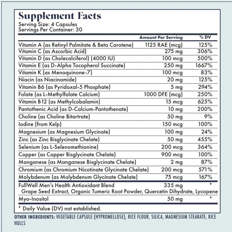 FullWell Mens Daily Multivitamin with Vitamin D Antioxidants Choline and B Vitamins for Optimal Sperm Quality Hormone Health and Overall Male Fertility 3rd Party Tested 30 Servings - Image 2