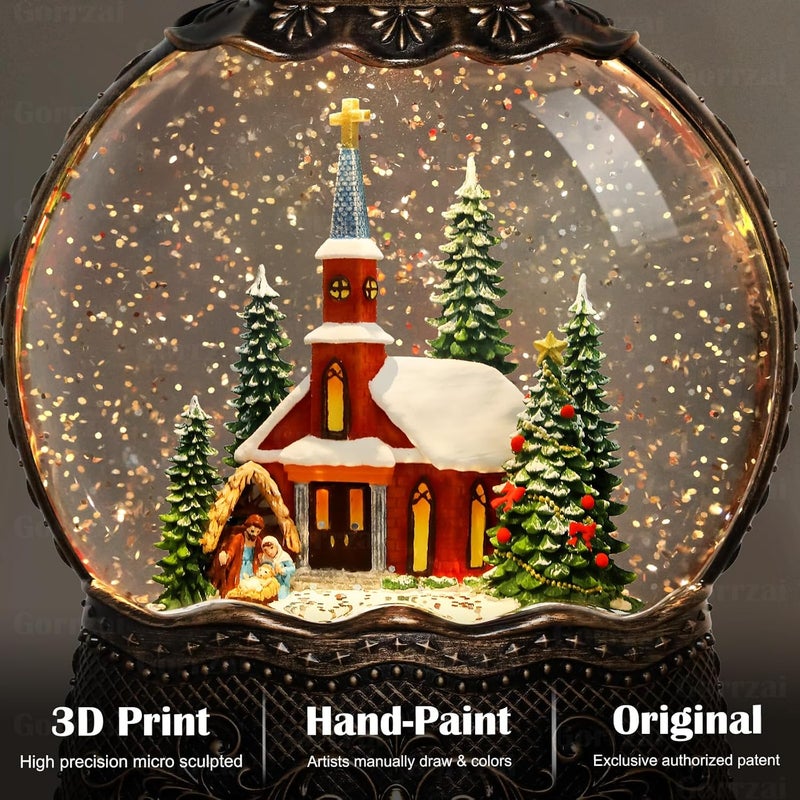 Gorrzai Church Snow Globe Lantern, Lighted Decorations Indoor for Home with Music Timer Swirling Glitter, Musical Nativity Snowglobe, USB or Battery Operated 10.6 inch - Image 2