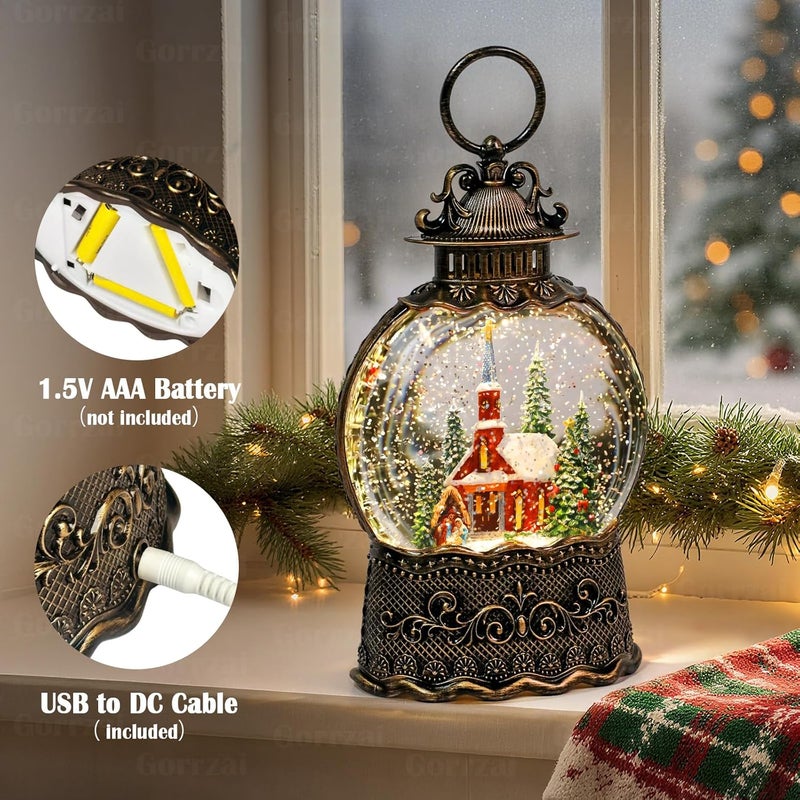 Gorrzai Church Snow Globe Lantern, Lighted Decorations Indoor for Home with Music Timer Swirling Glitter, Musical Nativity Snowglobe, USB or Battery Operated 10.6 inch - Image 3