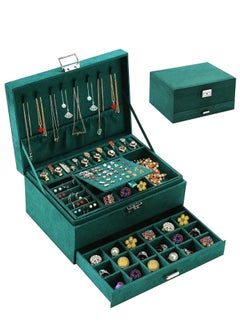 Generic Jewelry Box Organizer Large 3 Layers Velvet Jewelry Box Fannel Jewelry Organizer with Lock Jewelry Display Holder Case for Earring Necklace Makeup Watches(Green) Size 17*25 cm  - Image 1
