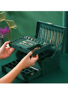 Generic Jewelry Box Organizer Large 3 Layers Velvet Jewelry Box Fannel Jewelry Organizer with Lock Jewelry Display Holder Case for Earring Necklace Makeup Watches(Green) Size 17*25 cm  - Image 4