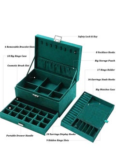 Generic Jewelry Box Organizer Large 3 Layers Velvet Jewelry Box Fannel Jewelry Organizer with Lock Jewelry Display Holder Case for Earring Necklace Makeup Watches(Green) Size 17*25 cm  - Image 2