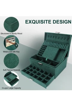 Generic Jewelry Box Organizer Large 3 Layers Velvet Jewelry Box Fannel Jewelry Organizer with Lock Jewelry Display Holder Case for Earring Necklace Makeup Watches(Green) Size 17*25 cm  - Image 3