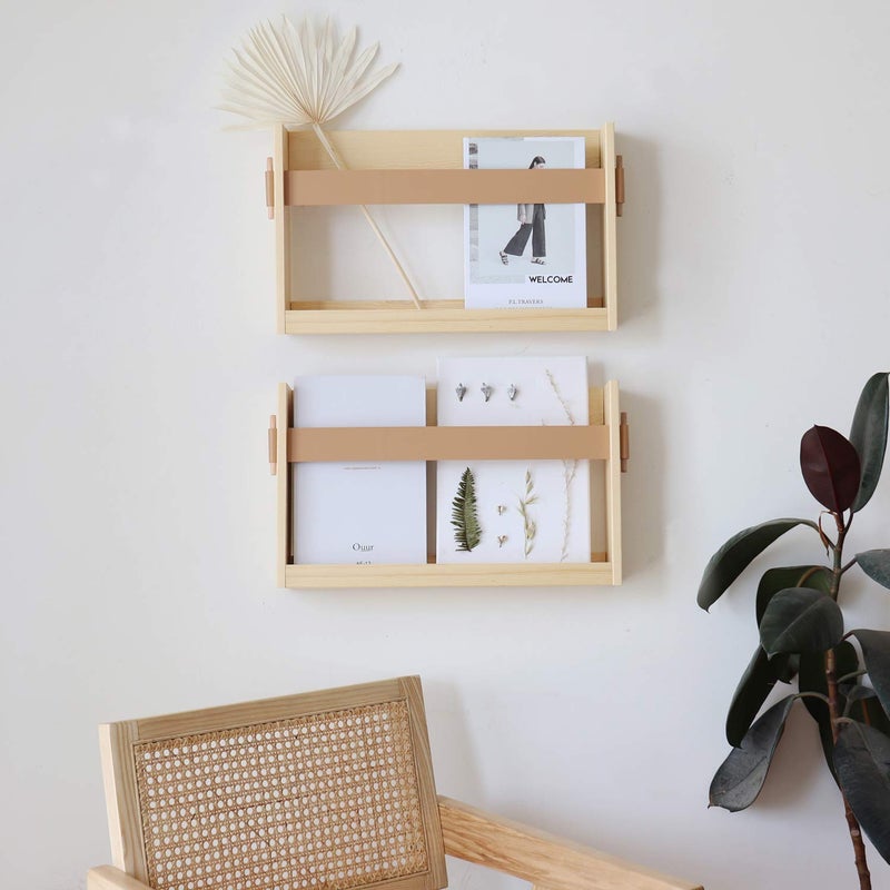 FIRADE WallMounted Magazine Holder With PU Leather StrapWood Magazine rackFile Organizer For Entryway OfficeLiving Room Waiting Room Kids room2 Pack 173 x 35 x 106
