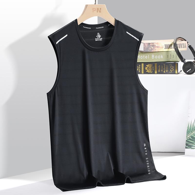 Ice Silk Vest Mens Trendy Thin Round Neck Mesh Breathable Quick-drying Sports Wide Waistcoat Mens Sleeveless Summer Pure black [two-pole vest]] 