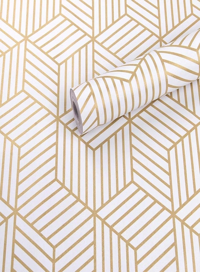 WY-BSO White and Gold Geometry Stripped Hexagon Peel and Stick Contact Paper self Adhesive Wallpaper Removable Vinyl Film Decorative Shelf Drawer Liner Sticker 118 inch x17.7 inch - Image 2