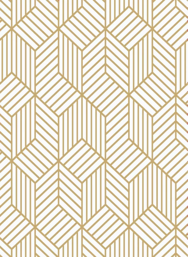 WY-BSO White and Gold Geometry Stripped Hexagon Peel and Stick Contact Paper self Adhesive Wallpaper Removable Vinyl Film Decorative Shelf Drawer Liner Sticker 118 inch x17.7 inch - Image 3