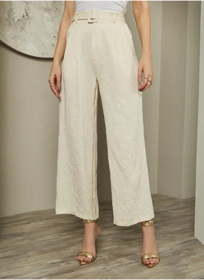 Styli Mid Rise Wide Leg Jacquard Pattern Belted Pants