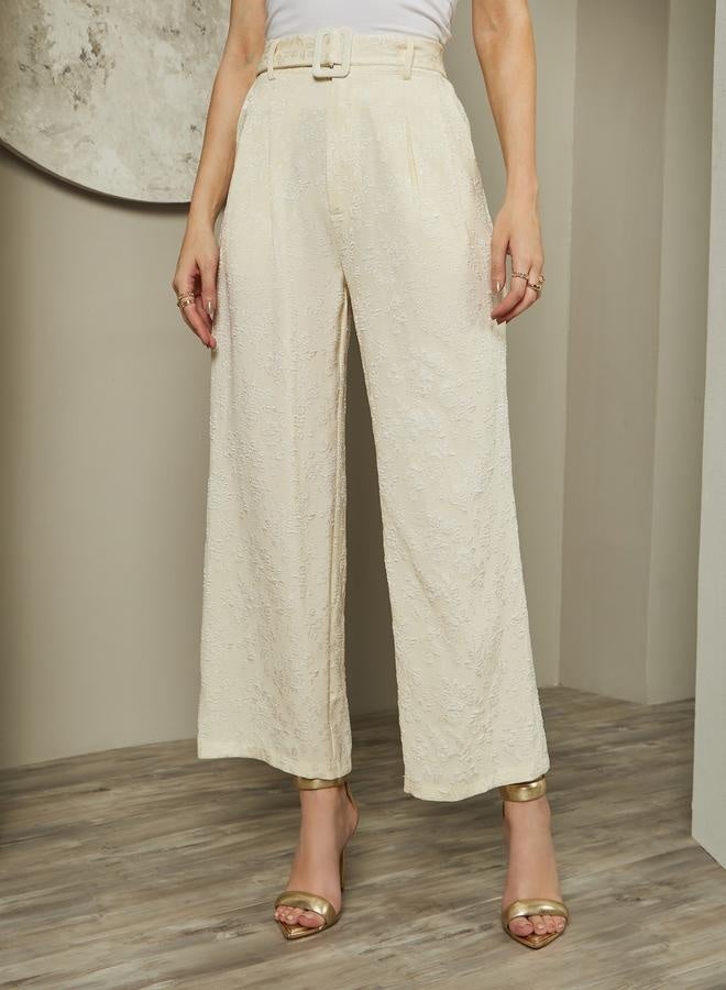 Styli Mid Rise Wide Leg Jacquard Pattern Belted Pants  - Image 2