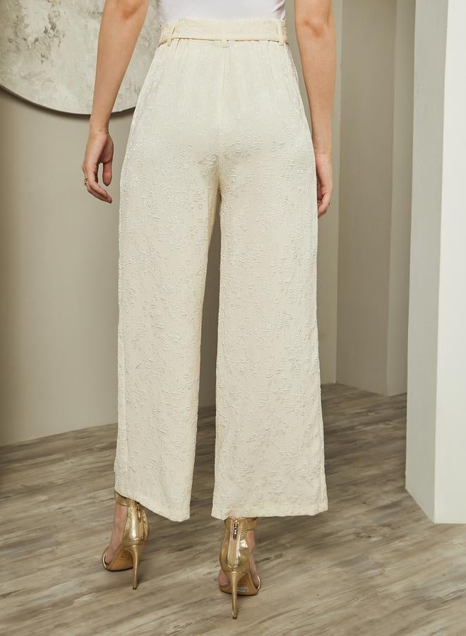 Styli Mid Rise Wide Leg Jacquard Pattern Belted Pants  - Image 4