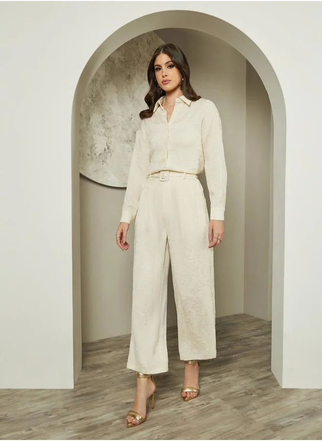 ستايلي Mid Rise Wide Leg Jacquard Pattern Belted Pants