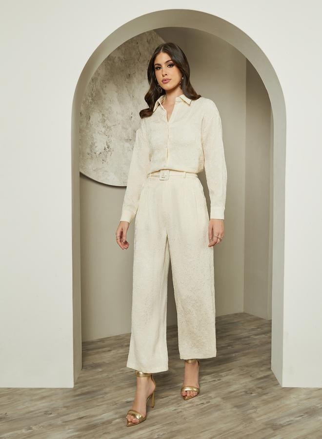 Styli Mid Rise Wide Leg Jacquard Pattern Belted Pants  - Image 1