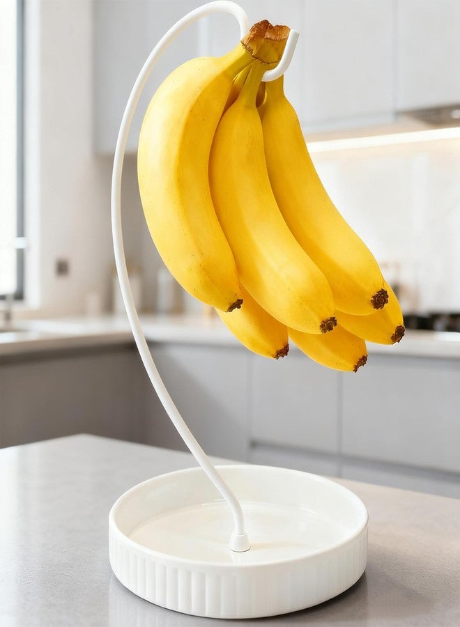 VROOMIUM Banana Holder Stand - Taller Design for Better Air Circulation, Ceramic Bowl Easy to Clean, Modern Elegant Gift Home Décor Fruit Basket-White - Image 1