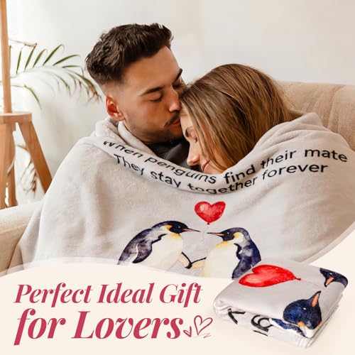 JUKAMO Gifts for Her Him Romantic Anniversary Flannel Blanket for Boyfriend Girlfriend Men Women, Soft Husband Wife Engagement Throw for Wedding Christmas Birthday Valentines Day 60"x50", Penguin - Image 4