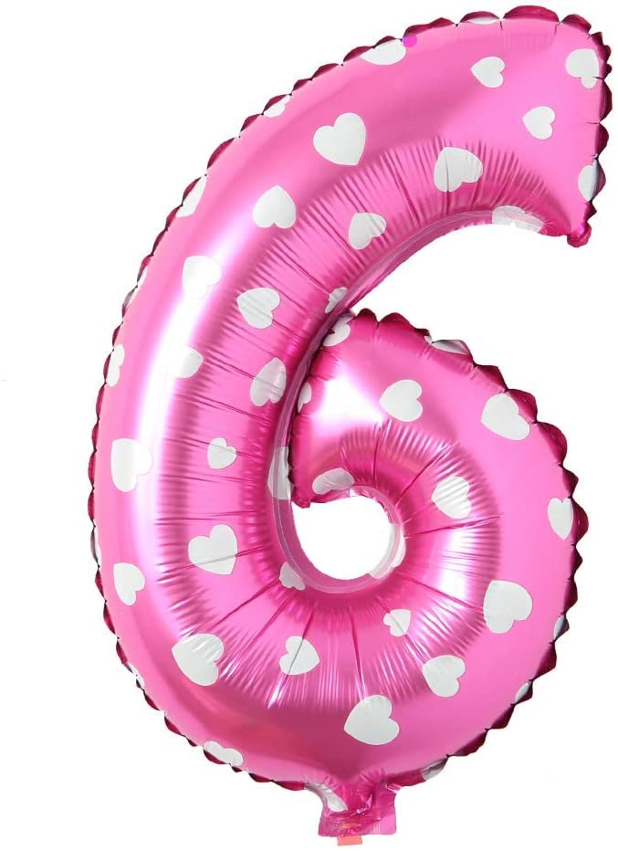 flavouredlove 16 inch Six Foil Number Air or Helium Balloon Party Decoration Pink hearts Pack of 1 | 6 Year No. Balloons Birthday/Anniversary (Pink hearts Number 6) - Image 1