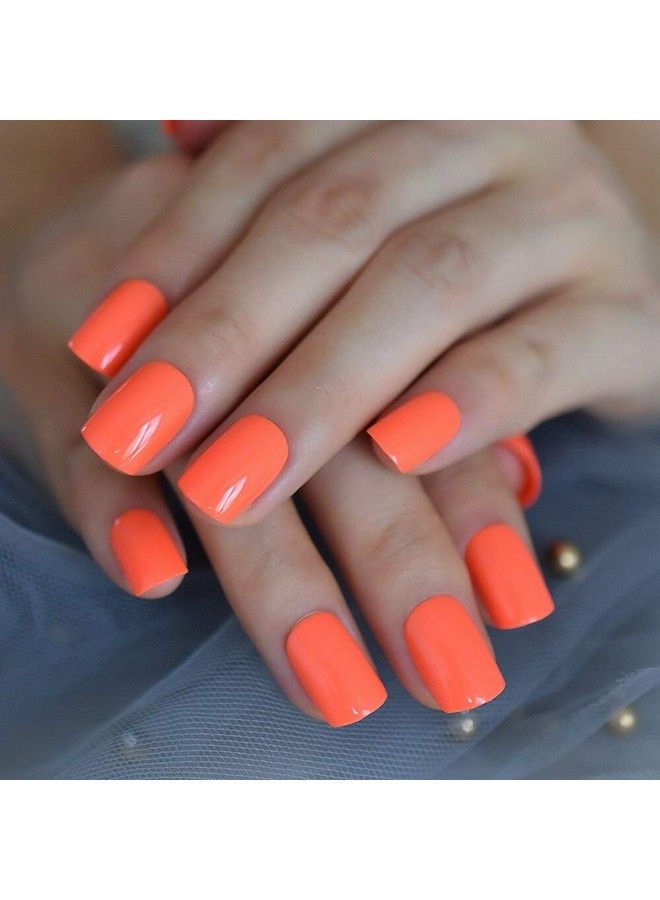 EchiQ Neon Fake Nails Short For Daily Wear Square Natural Shape Glossy Gel Nails Orange Pink Simple Tips With Adhesive - Image 4