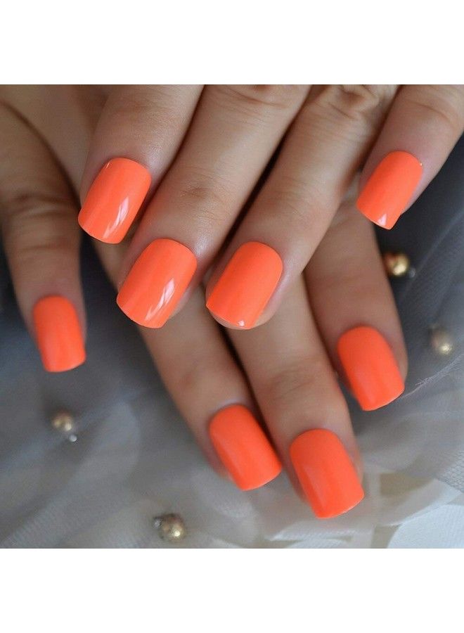 EchiQ Neon Fake Nails Short For Daily Wear Square Natural Shape Glossy Gel Nails Orange Pink Simple Tips With Adhesive - Image 5