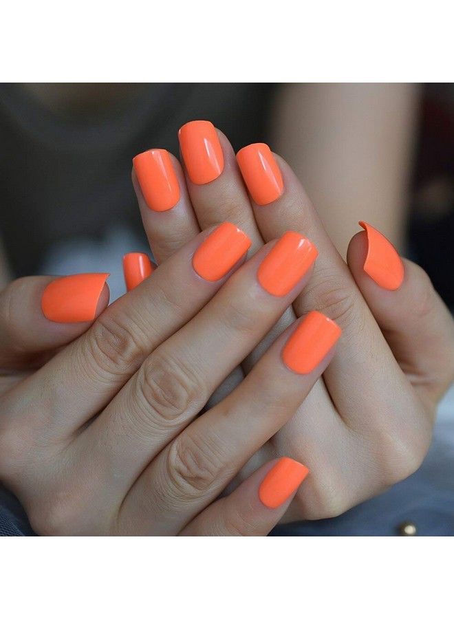 EchiQ Neon Fake Nails Short For Daily Wear Square Natural Shape Glossy Gel Nails Orange Pink Simple Tips With Adhesive - Image 3