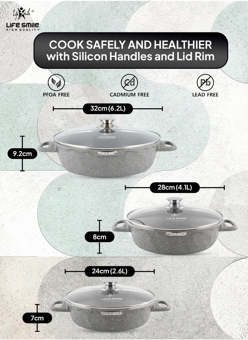 Life Smile LIFE SMILE Shallow Pots Set with Lid | 100% PFOA FREE | Non Stick Granite Coating Frying Pans set | Oven Safe | Double Handle (Grey (Induction Base), 24/28/32 CM)  - Image 3