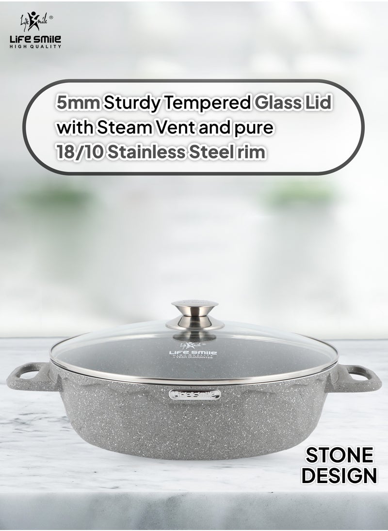 Life Smile LIFE SMILE Shallow Pots Set with Lid | 100% PFOA FREE | Non Stick Granite Coating Frying Pans set | Oven Safe | Double Handle (Grey (Induction Base), 24/28/32 CM)  - Image 5