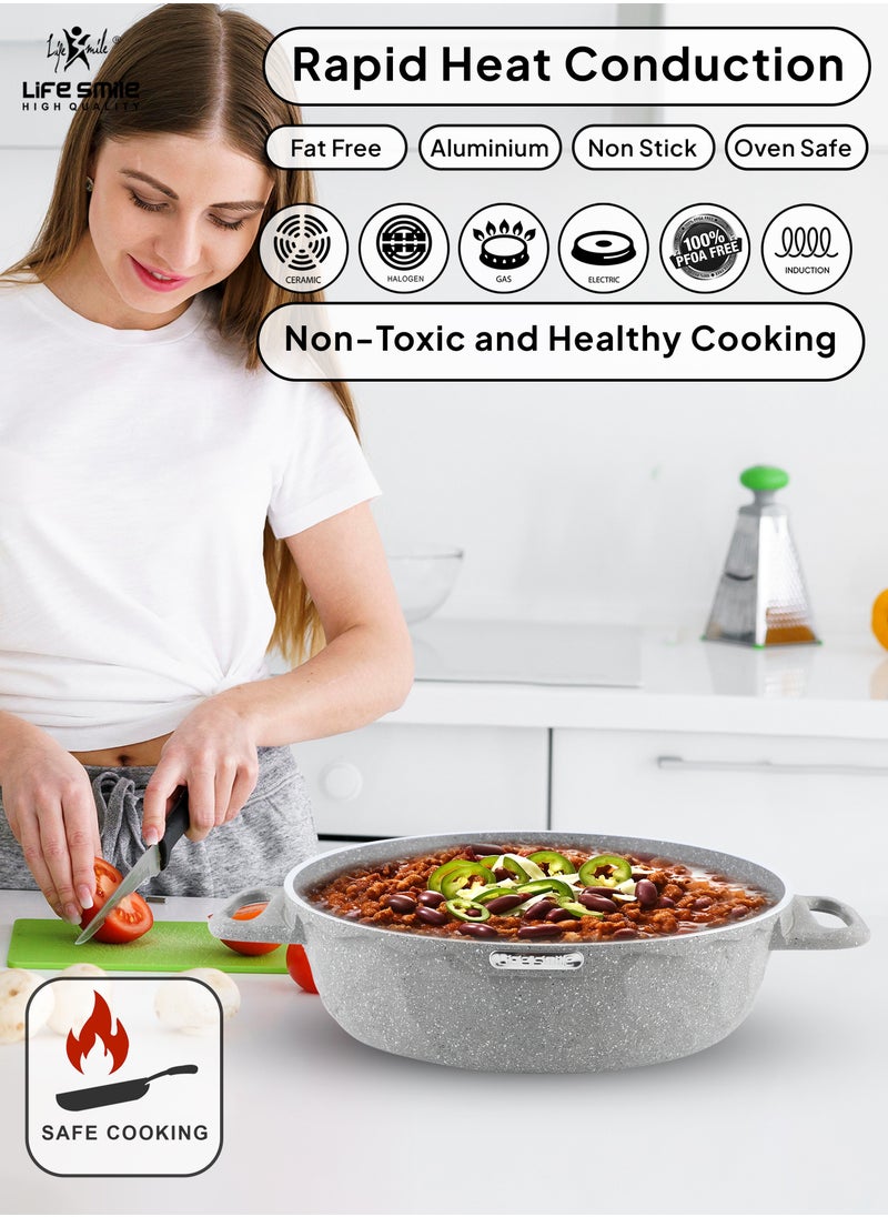 Life Smile - LIFE SMILE Shallow Pots Set with Lid | 100% PFOA FREE | Non Stick Granite Coating Frying Pans set | Oven Safe | Double Handle (Grey (Induction Base), 24/28/32 CM) - Image 1