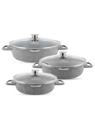 LIFE SMILE Shallow Pots Set with Lid | 100% PFOA FREE | Non Stick Granite Coating Frying Pans set | Oven Safe | Double Handle (Grey (Induction Base), 24/28/32 CM) - pzsku/Z1F8D399F3406D0D95ED5Z/45/_/1739789280/774fe97e-0791-476b-98db-3acddb0fc032