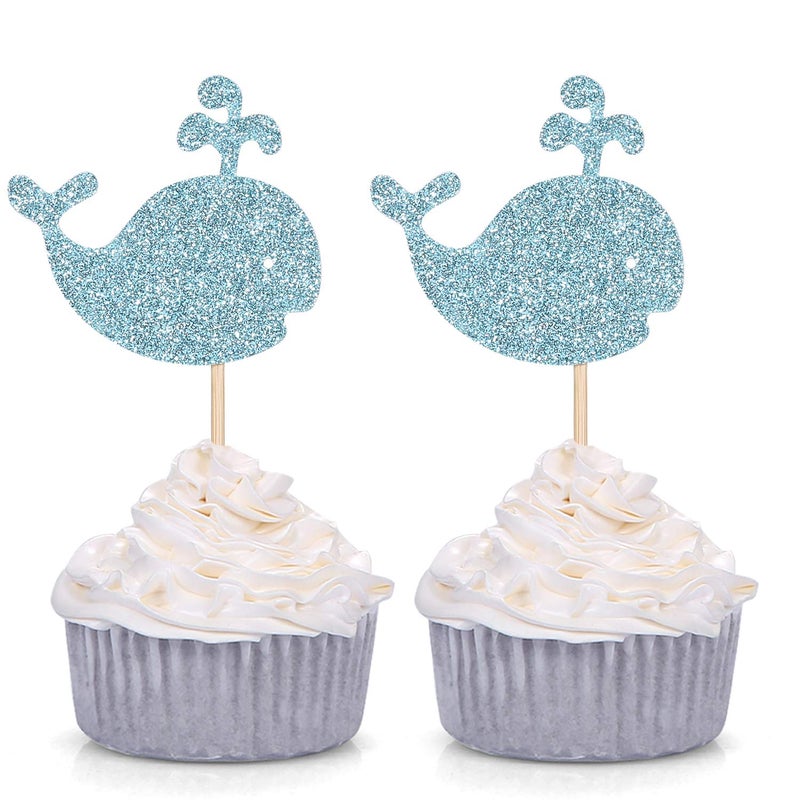 Giuffi 24 Blue Glitter Whale Cupcake Toppers Baby Shower Birthday Party Sea Creature Decorations - Image 2