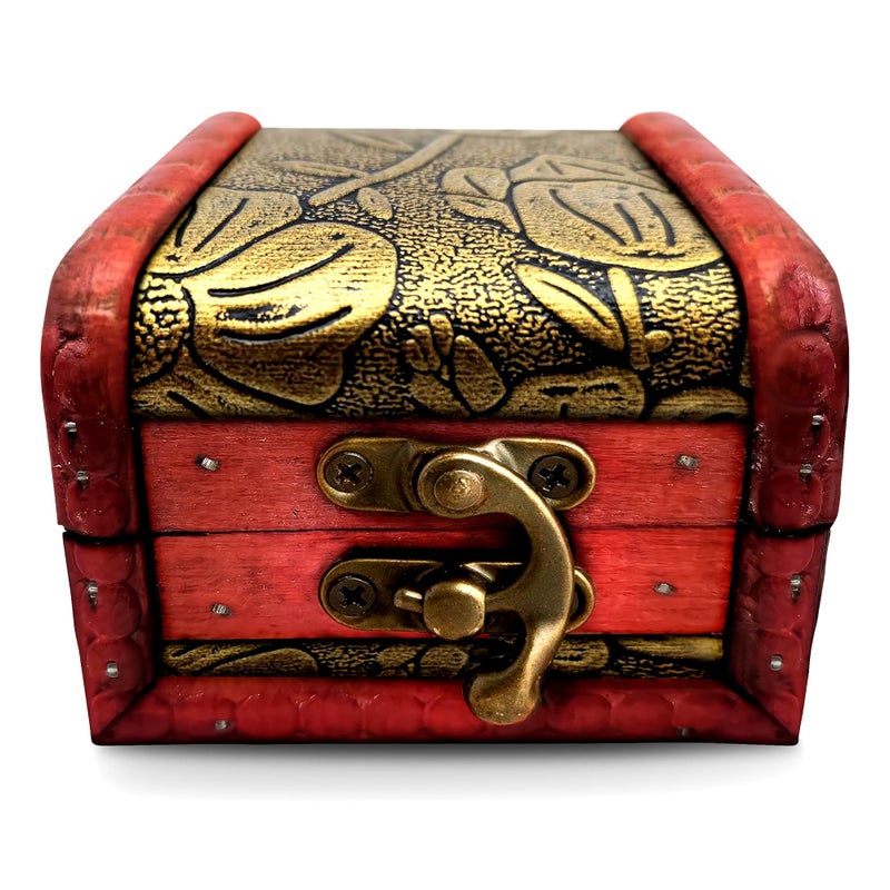 Tesorrio Small Treasure Chest Box - 3.15" x 2.36" x 2.36" Mini Treasure Chest with Vintage Ornament, Decorative Wooden Box with Lid and Hasp Latch, Good for Gifting, DIY-Crafts, and Aquarium Decoration - Image 1
