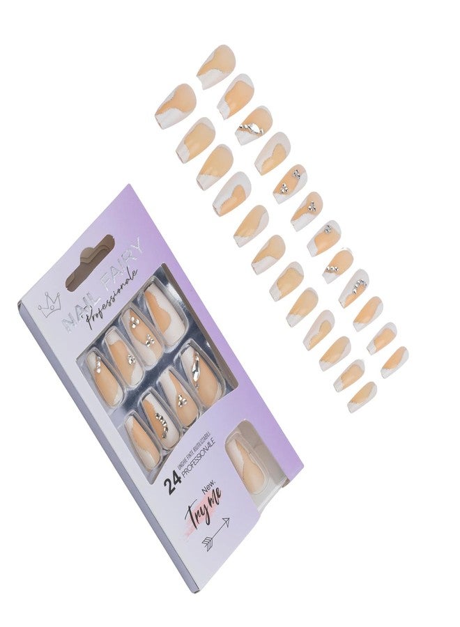 KRUPAVI Press on Nails Medium Length, ABS 24pcs False Nails with Glue Elegant Fake Nails False Nail with French Tip Artificial Nails Finger Manicure for Women and Girls - Image 1