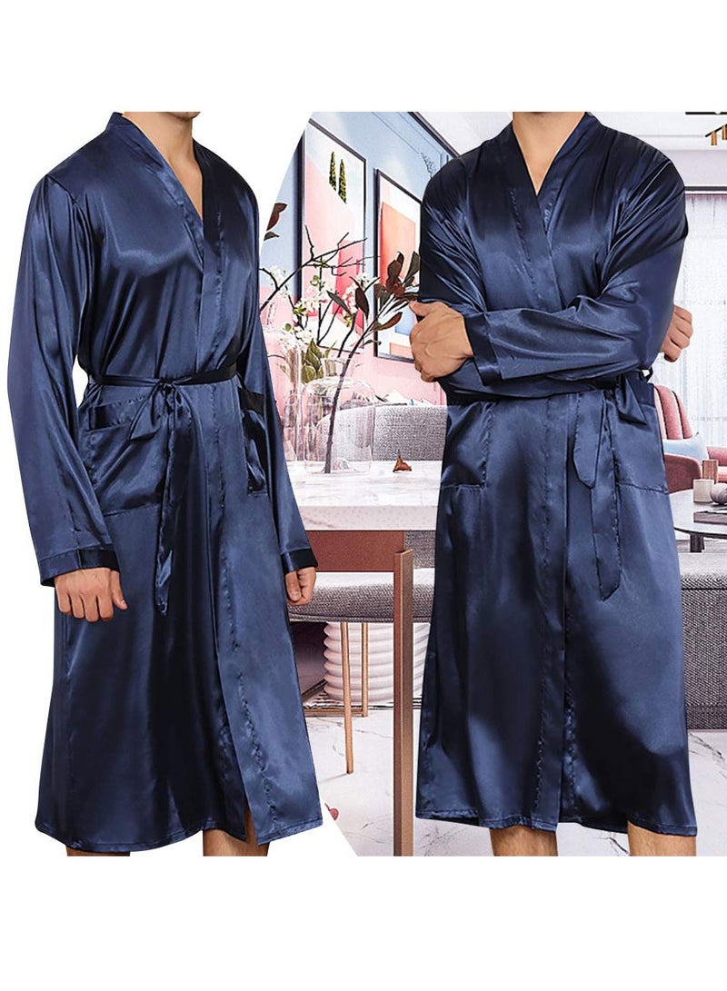 MARGOUN Men's Dressing Gown Kimono Robe Lightweight Silk Long Sleeved Home Sleepwear Loungewear Blue XXL (Length 50''/Chest 27'') - Image 1
